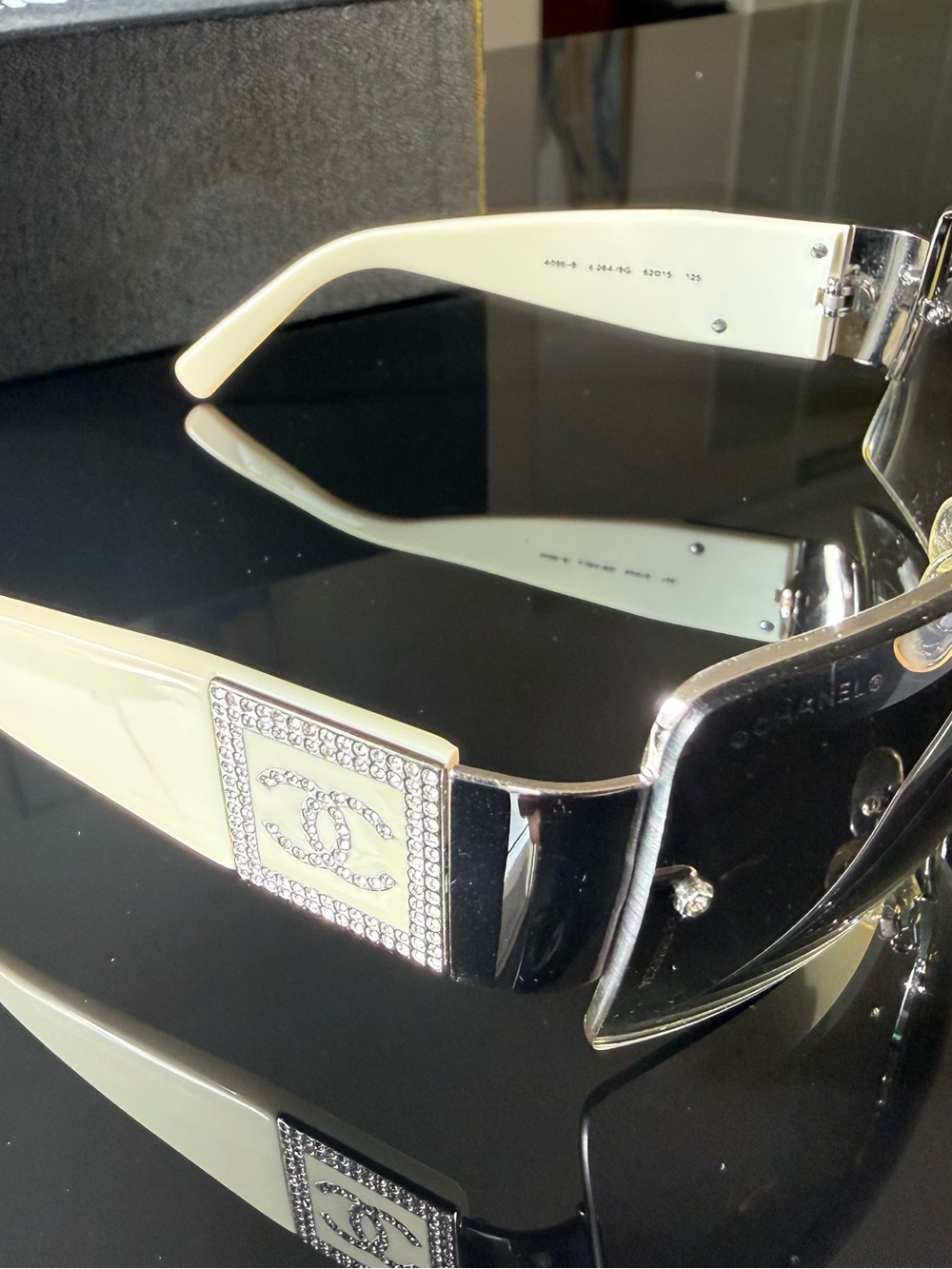 CHANEL Cream and Black Crystal CC Plaque Sunglasses